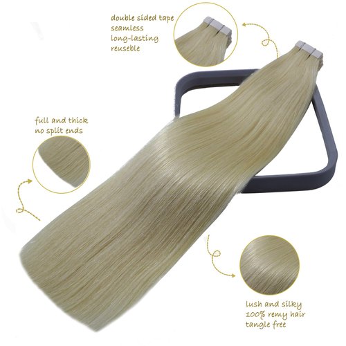 WindTouch Tape in Hair Extensions Double Sided Tape In Extensions Platinum Blonde Solid Color Basic Color Fine Hair Natrual Real Human Hair 50g Hair Extensions Seamless Straight Full End 16Inch 20PCS