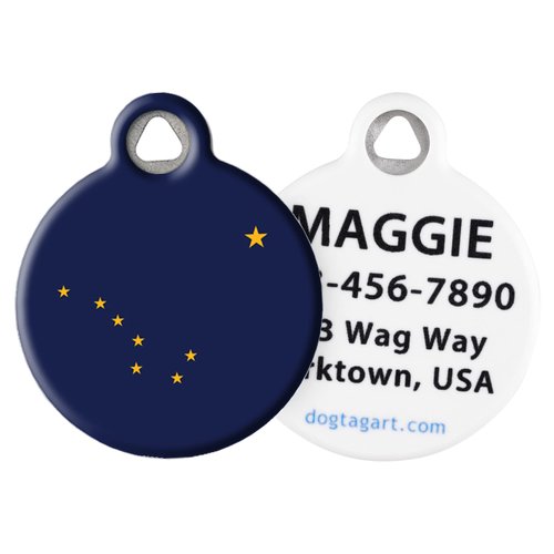 Dog Tag Art Alaskan State Flag Personalized Pet ID Tag for Dogs and Cats, Silent Polymer Coated Stainless Steel Alaska Nametag with Customized Identification Information - Small .875" Diameter