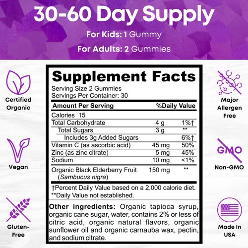 OrganicBolt USDA Organic Elderberry Gummies - High Potency 150mg Organic Elderberry Gummies for Adults & Kids with Vitamin C & Zinc - Immune Support Gummies - Vegan, Gelatin & Gluten Free - 60 Count
