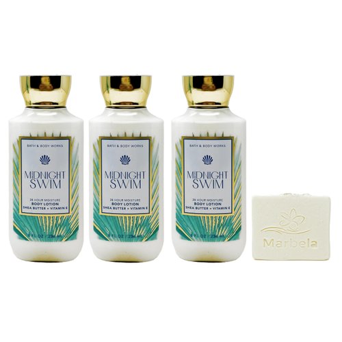 Bath & Body Works Midnight Swim - 3 Pack Of Body Lotion With a Natural Oats Sample Soap.