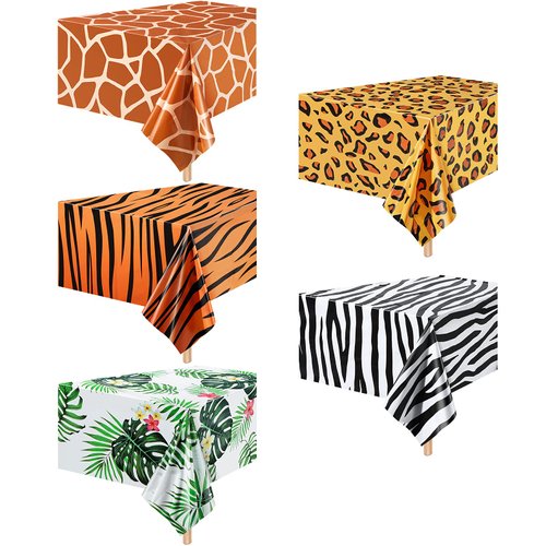Animal Safari Tablecloth Jungle Animal Theme Tablecover Tiger Zebra Giraffe Print Table Cover Tropical Leaf Tablecloth Party Supplies for Jungle Safari Birthday Baby Showers (Greenery Style, 5 Pcs)