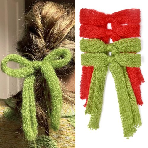 4Pcs Mohair Hair Bows Mohair knitted Ribbon Hair Clips Velvet Ponytail Holder Accessories Hair Bow for Women Girls Toddlers Teens Kids Red Green