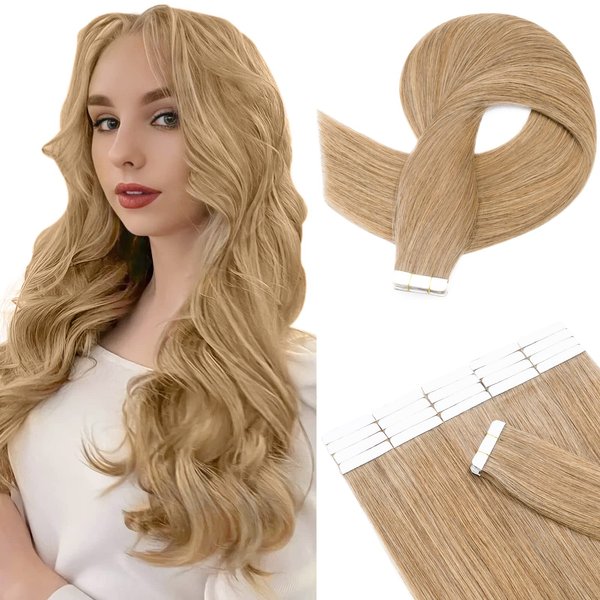 Hairro Tape In Hair Extensions Human Hair Tape Ins Glue In Skin Weft Rooted Tape On Hair Extensions Seamless Invisible Blonde Hair Extensions For Women 12 inch 30g 20pcs #27 Dark Blonde