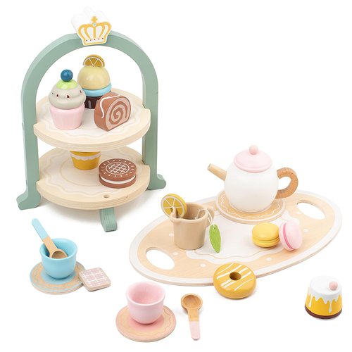 Wooden Dessert Cake Tea Party Set for Little Girls Toys, Pretend Play Kids Tea Set for Toddlers Wood Toys, Wooden Play Food Kitchen Accessories Sets for Kids
