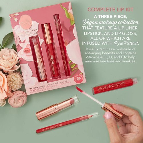 Rachel Couture Complete Lip Kit | Includes Lipstick, Lip Liner & Lip Gloss | Vegan & Cruelty Free | Infused with Rose Extract - Mood