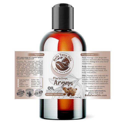 Bella Terra Oils - Argan Oil 8 oz - Pure Moroccan Elixir, Enhances Shine in Hair, Deeply Nourishes Skin