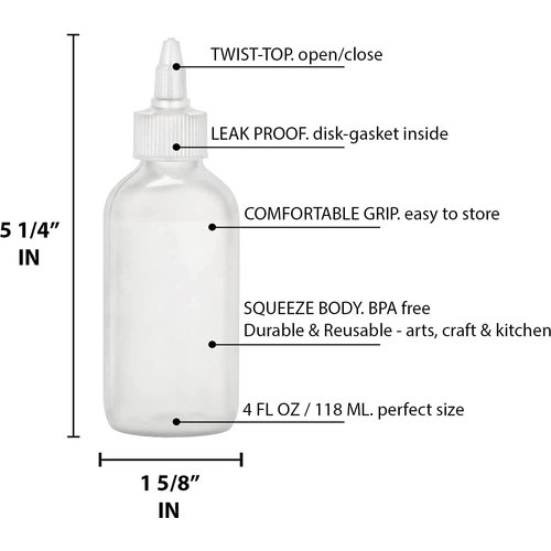 BRIGHTFROM Twist Top Applicator Bottles, Squeeze 4 OZ Empty Plastic Bottles, Refillable, Open/Close Nozzle - Leak Proof, Multi Purpose - 3 PACK