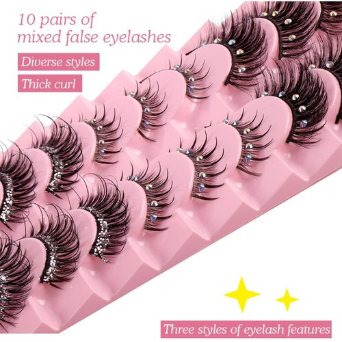 10 Pairs Wispy Lashes Pearl False Eyelashes Fluffy Natural Look False Eyelashes Thick Soft Curly Lash Extensions - Easy Application-Bling
