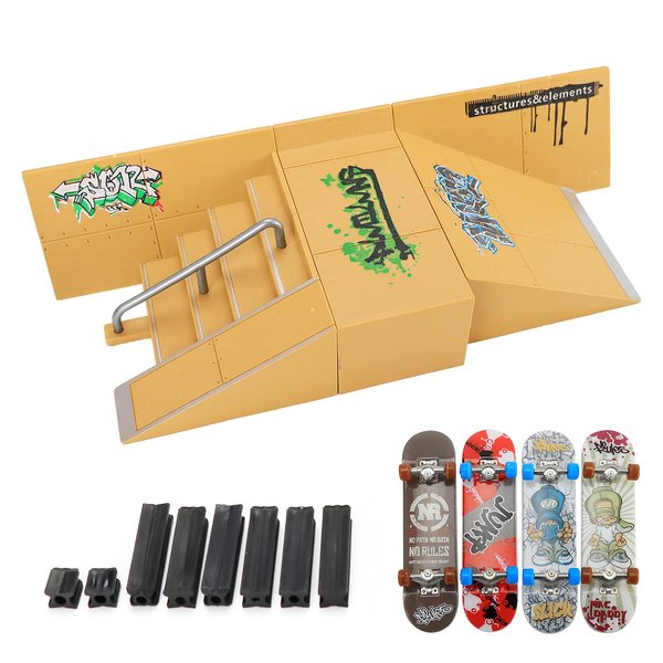 Skate Park Kit,Fingerboard Skate Park Ramp Decks,Finger Skateboard Ramp Parts 3PCS Skate Park Kit with 4 Finger Skateboards Ultimate Parks Training Props（3PCS）