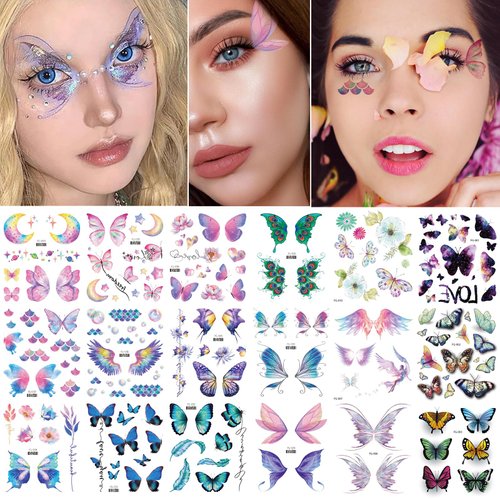18 Sheets Glitter Butterfly Temporary Tattoos Sticker Colorful Waterproof Flash Fairy Wings Body ...