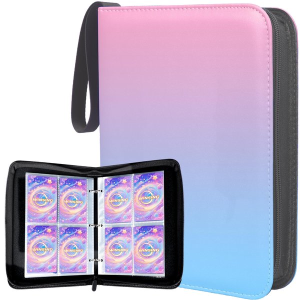 Winsing Card Binder 4 Pockets for Girls, Trading Card Binder 400 Pockets, Pink Card Holder Album Book with Removable 50 Sheets For MTG, Kpop Photocard, Sports Card