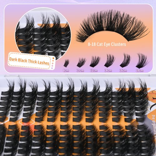 Super Dark Lash Clusters 8-18mm Mega Cat Eye Lashes Kit Silk material Durable Cotton Band D Curl Thick Volume Eyelash Clusters Waterproof 144Pcs DIY Lash Extensions Kit by Hiklasy