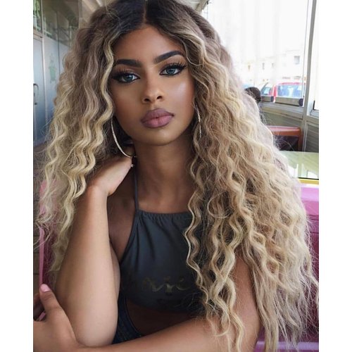 Fencca Ombre Blonde Long Curly Wigs for Women Heat Synthetic Curly Hair Wavy Full Wig Middle Part...