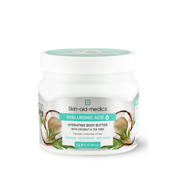 Skin-aid-medics Hyaluronic Acid Hydrating Body Butter, with Coconut and Tea Tree, 16.9 oz