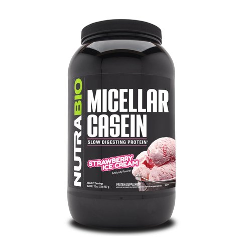 NutraBio Micellar Casein - Protein Powder, 2 lbs Strawberry Ice Cream - Slow Digesting - Muscle Growth - Essential Amino Acids - Non-GMO - Gluten & Soy Free
