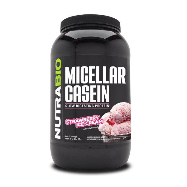 NutraBio Micellar Casein - Protein Powder, 2 lbs Strawberry Ice Cream - Slow Digesting - Muscle Growth - Essential Amino Acids - Non-GMO - Gluten & Soy Free