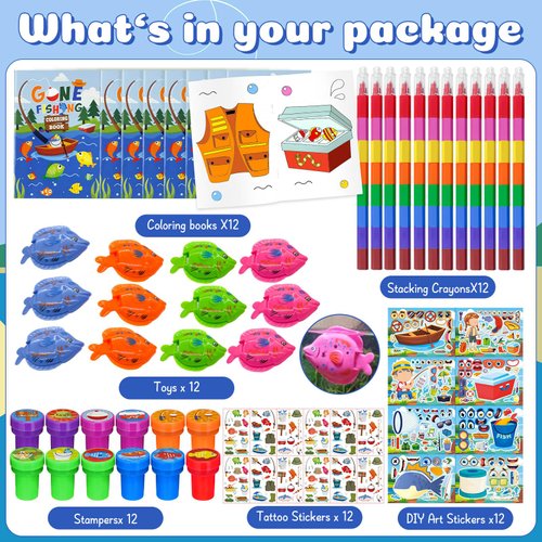 72 Pcs Gone Fishing Party Coloring Book with Crayons Bulk,Summer Fishing Party Favors Goodie Bags Fillers,Little Fisherman Birthday Party Supplies Face Stickers Tattoo Prizes Gift for Summer Party
