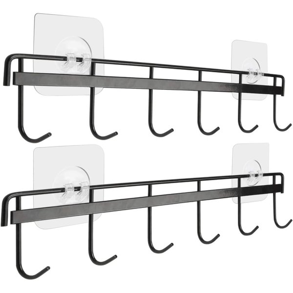 YiZhi Adhesive Wall Hooks Rack Kitchen Rail, Space Saving Utensil Holder No Drilling Wall Mounted Accessory Hanger with 6 Hooks for Kitchen Bathroom Bedroom Pack of 2 (Black)