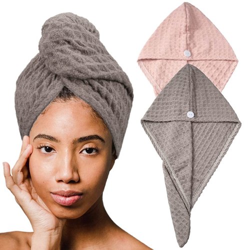 Haomye Microfiber Hair Towel Wrap Waffle Hair Drying Towel Absorbent Dry Hair Turban with Button Twist Hair Towel Cap Quick Dry Hair Turban Anti Frizz Hair Wrap Towel for Women and Girls 2Pcs