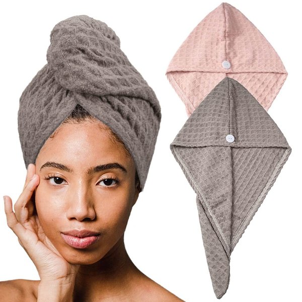 Haomye Microfiber Hair Towel Wrap Waffle Hair Drying Towel Absorbent Dry Hair Turban with Button Twist Hair Towel Cap Quick Dry Hair Turban Anti Frizz Hair Wrap Towel for Women and Girls 2Pcs