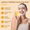 Kojic Acid Soap Bars for Face Body Dark Spots, Exfoliating, Moisturizing, Lemon and Turmeric Bar Soap Infused with Hyaluronic Acid, Collagen, Vitamin C, E, African Bath Sponge (2 Pack x 5 Oz Each)