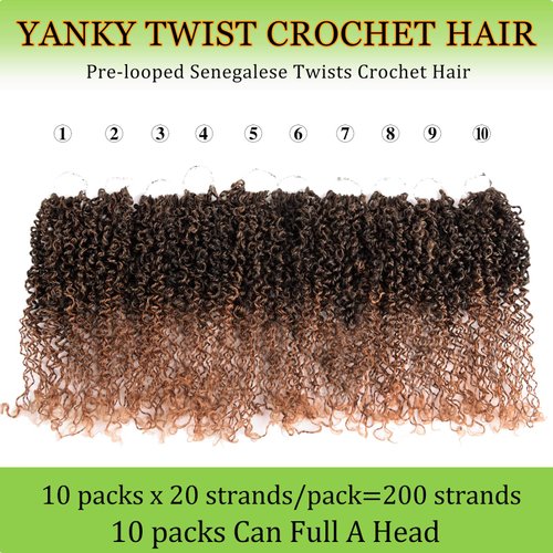 Silike 10packs Yanky Twist Crochet Braids Hair Extensions Ombre Brown Short Curly Marlybob Hair Extensions For Women(T30, 10)