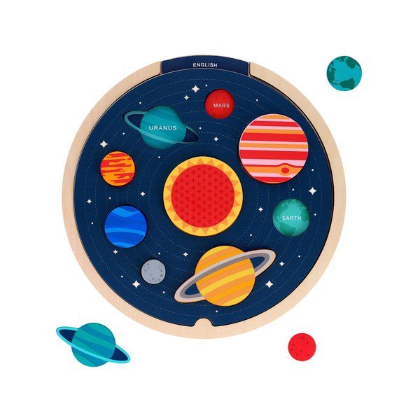 Petit Collage: Multi-Language Solar System Wooden Tray Puzzle | Teaches Kids Planet Names in 6 Different Languages | Includes Inter-Changeable Language Sheets| STEAM Activity | Great for Ages 3+