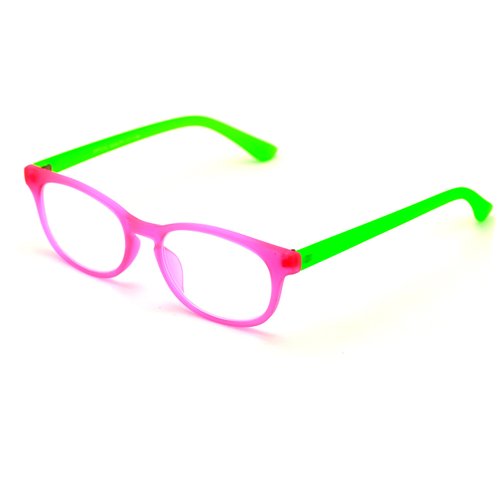 V.W.E. Fun Neon Color Spherical Frame Readers Reading Glasses - Matte Translucent Rubberized Finish (Pink/Green, 2.00)