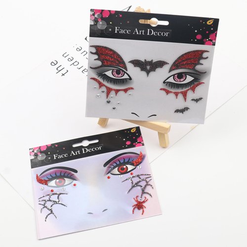 HIFANMM 2Pcs Halloween Face Fake Tattoos Glitter Rhinestones Face Temporary Tattoos Bat Spider Web Shiny Gems Decor Tattoo Stickers for Adults Kids Eye Makeup Kit for Face Decor Supplies
