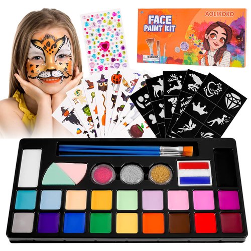 AOLIKOKO 20 Colors Face Paint Kit ，Professional Face Painting kit, Birthdays, Halloween Face Body Makeup Kit,Ideal for Cosplay Party SFX Arty Stage Makeup (Set 1)