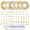 DANNEASY Gold Nail Studs Metal Nail Charms 3d Nail Art Charms Manicure Decoration Kit Star Moon Shell Cross Flower Nail Jewels with 1pc Curved Tweezers, Wax Pen (6 Wheels)