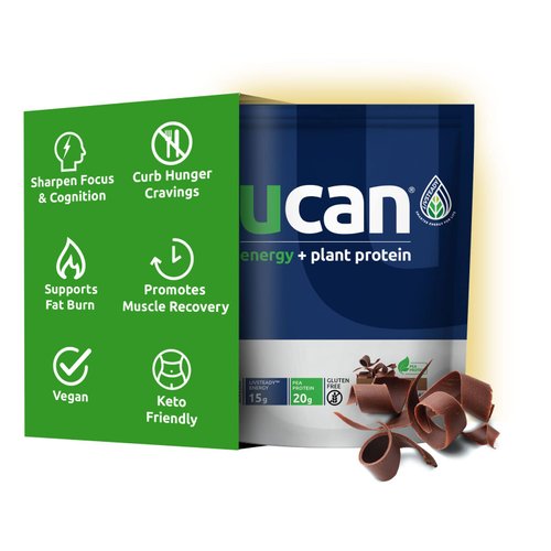UCAN Energy + Plant Protein Powder - Vegan Plant Based Protein 20g Pea Protein with Amino Acids EAAs & BCCAs - Keto Protein Powder - No Added Sugar, Gluten-Free - Chocolate -12 Servings
