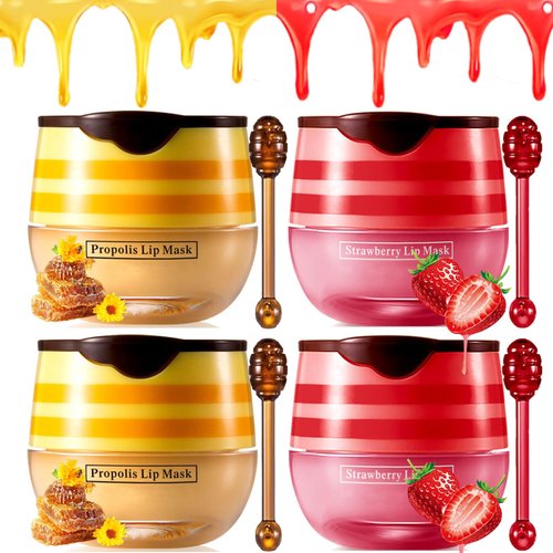 4 PCS Honey Lip Balm Pot, Honey & Strawberry Lip Sleeping Mask Vitamin E & Moisturizing Propolis Lip Balm with Stick, Prevention Dry and Cracked Lip Scrubs Exfoliator Lip Wrinkle