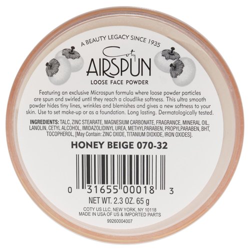 Coty Airspun Loose Face Powder 2.3 Ounce Honey Beige Light Peach Tone Loose Face Powder, for Setting or Foundation, Lightweight, Long Lasting, Pack of 1