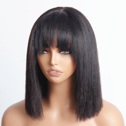 SAYIDON Bob Wigs With Bangs Human Hair Light Yaki Straight Bang Bob Wigs Glueless 2X1 HD Lace Scalp Short Bob Bang Wig Wear and Go Blunt Cut Bob Wigs For Women 180 Density Breathable Cap 12 inch