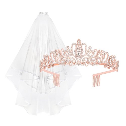 YARIEW Rose Gold Crown + Bride Veil Set, Rhinestone Wedding Bridal Tiara, Bridal Shower Decorations, Bachelorette Party Decorations Prom Bridal Shower Birhday Gift for Women and Girls…