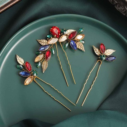 Casdre Crystal Baroque Hair Pins Gold Leaf Vintage Hair Pieces Rhinestone Evening Party Hair Accessories for Women and Girls(Pack of 3)
