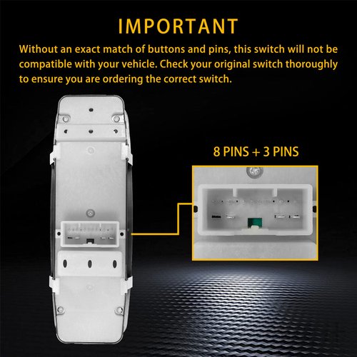 Master Power Window Switch | 3 PINS + 8 PINS Check Required | Replacement for 2011 – 2022 Dodge Durango, Jeep Grand Cherokee | Replaces# 68086693AC 68086693AD