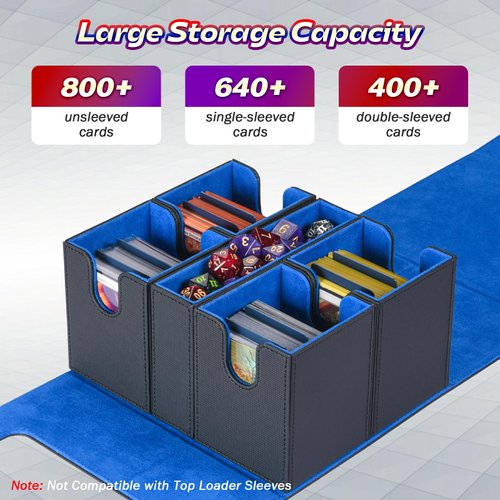 MTG Deck Box with Dice Tray, 5 in 1 Commander Deck Box Fits 840+ Sleeveless Cards, Leather Magnetic Deck Box MTG, Detachable Deck Box TCG CCG YuGiOh, Trading Card Deck Box with 8 Dividers (Black&Blue)