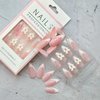 24Pcs French Tip Press on Nails Almond Short Fake Nails Pink Acrylic Nails Full Cover with Pearl Bows Charms False Nails Designs Glossy Glue on Nails Cute Press ons for Women Artificial Nails Decor