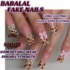 BABALAL Square Press on Nails Long Fake Nails Brown Cheetah French Tip Glue on Nails Pink Bow Heart Charm Design Acrylic Nails 24Pcs Thick False Nails
