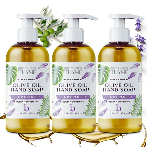 Brittanie's Thyme Organic Natural Hand Soap - 12 oz, Pack of 3 (Lavender) Castile Soap Made Olive Oil And Natural Luxurious Essential Oils. Vegan & Gluten Free