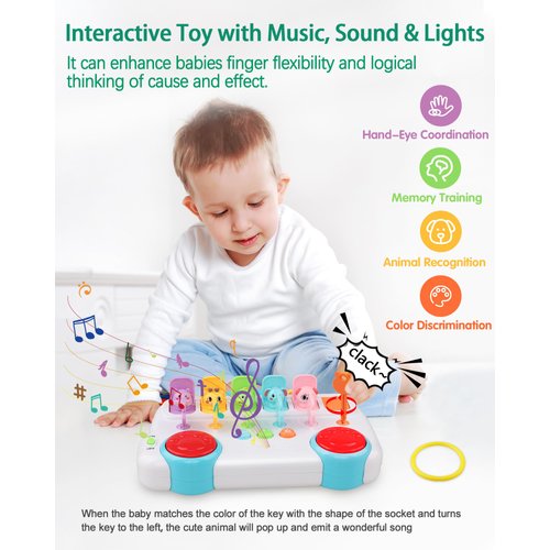 Interactive Pop Up Animal Toys, Cause and Effect Toys for 1 Year Old Boy Girl Birthday Gift, baby Musical Toys with Music & Light for Toddlers, Learning Educational Montessori Color Sorting Toys(Blue)