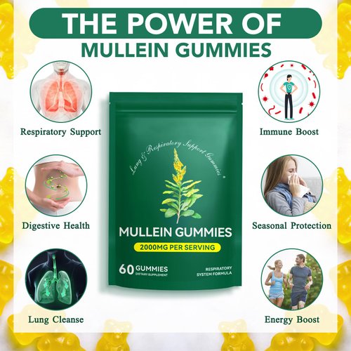 Tooffi Mullein Gummies for Lung Detox,2PACK Mullein Leaf herb Extract for Lung Cleanse Support, 2000mg Organic Mullein Herb Supplement for Daily Respiratory Health Gummies 60 Gummies