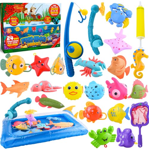 JOYIN 2023 Christmas 24 Days Countdown Advent Calendar with Fishing Toys Bath Game for Kids Toddlers, Magnetic Fishing Game Toy with Fishing Pole and Inflatable Pool Water Play Toy