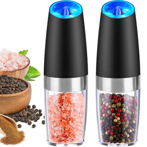 Gravity Electric Pepper and Salt Grinder Set, Adjustable Coarseness, With LED Light, One Hand Automatic Operation, Stainless Steel Black, (2 Pack Black)