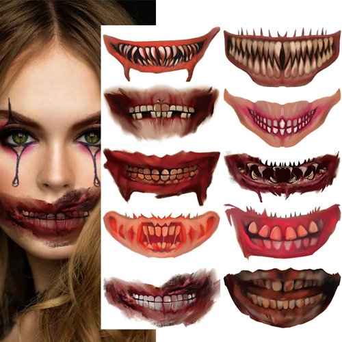 CMJSGG Halloween Big Mouth Temporary Tattoos 10 PCS Horror Clown Mouth Face Tattoos Scary Mouth Tattoo Stickers Prank Props Makeup Decals for Halloween Party Cosplay Costume Decoration, black red