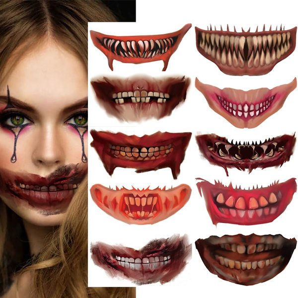 CMJSGG Halloween Big Mouth Temporary Tattoos 10 PCS Horror Clown Mouth Face Tattoos Scary Mouth Tattoo Stickers Prank Props Makeup Decals for Halloween Party Cosplay Costume Decoration, black red