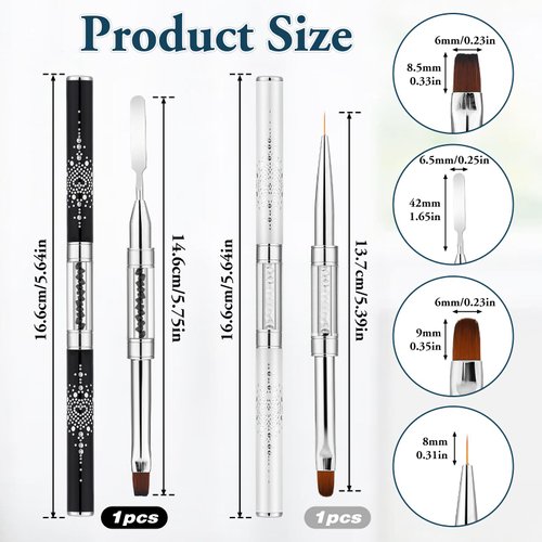 2pcs Hard Gel Nail Brush, French Tip Nail Gel Liner Brush, Dual-Ended Nail Design Brushes Rhinestone Handle Nail Brush, French Manicure Brush Builder Gel Brushes for Design Nails Professional Nail Art