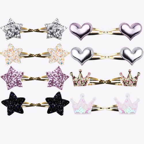 8 Pairs/16 Pack Hair Clips for Girls, Star/Crown/Heart Shaped Kids Hair Barrettes, Cute Hair Clips Metal Snap Hair Pins Sparkly Hair Styling Accessories for Girls Kids